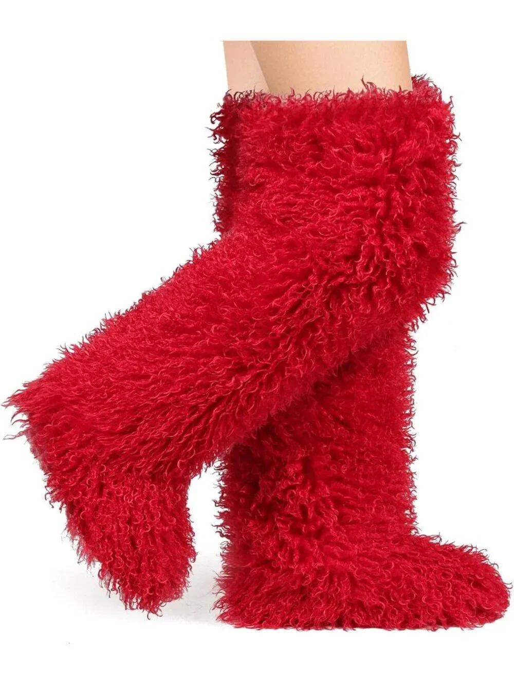 Women's Hot Red Shaggy Faux Furry Fuzzy Fluffy Flat Knee-High Slouchy Snow Boot